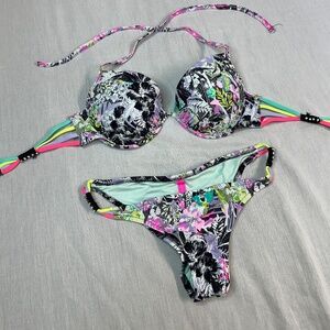 Victoria's Secret Push Up Bikini Top sz 36D Bottoms Cheeky sz Lg